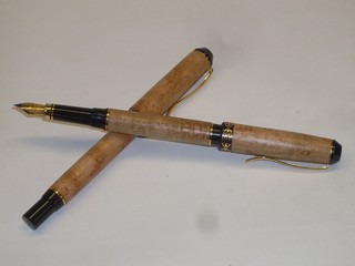 figured, bird's eye maple roller ball and fountain pens